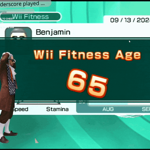 A Screenshot Of A Wii Fitness Game Shows Benjamin 'S Wii Fitness Age Is 65 GIF