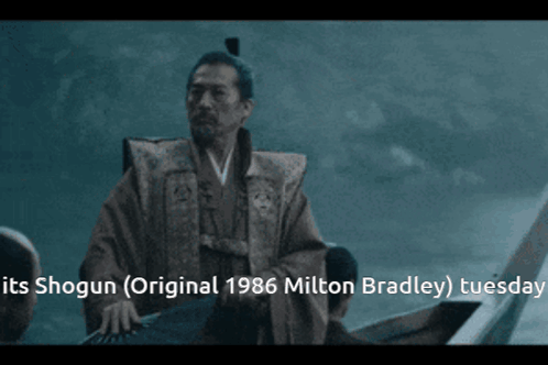 a screenshot of shogun original 1986 milton bradley tuesday showing a man in a boat