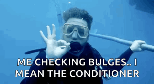 A Scuba Diver Giving An Ok Sign With The Words Me Checking Bulges I Mean The Conditioner Written Below Him GIF