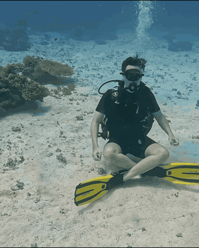 A Scuba Diver Wearing A Black Shirt And Black Shorts Is Sitting On The Sand GIF