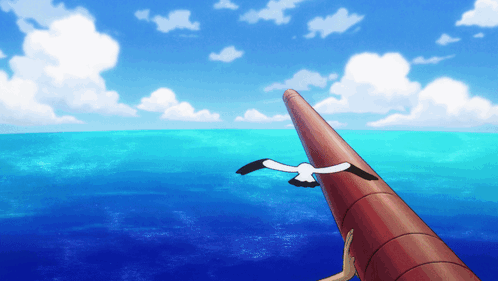 A Seagull Is Flying Over A Body Of Water With A Red Pipe In The Foreground GIF