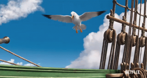 A Seagull Is Flying Over A Green Ship With A Netflix Logo In The Corner GIF