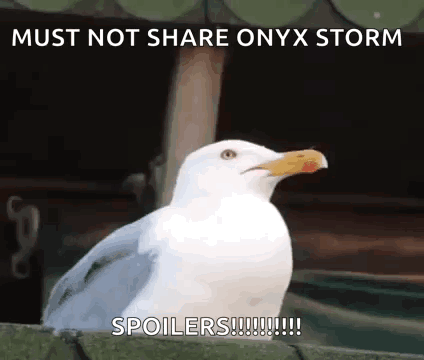 A Seagull Is Sitting On A Fence With The Words Must Not Share Onyx Storm Spoilers GIF