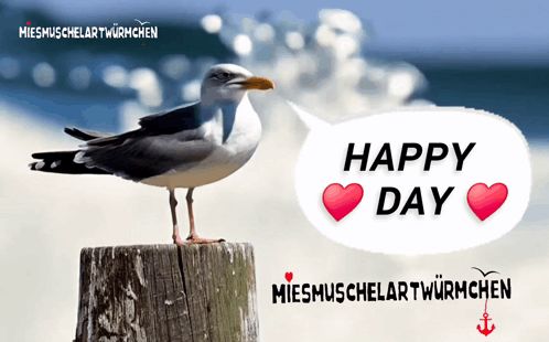 A Seagull Standing On A Stump With A Happy Day Speech Bubble Above It GIF