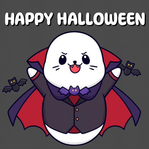 A Seal Dressed As A Vampire With Bats And The Words Happy Halloween GIF