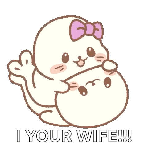A Seal With A Bow On Its Head Is Hugging Another Seal With The Words `` I Your Wife '' Written Below It . GIF