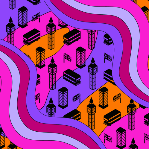 A Seamless Pattern Of British Buildings And Buses On A Pink And Purple Background GIF