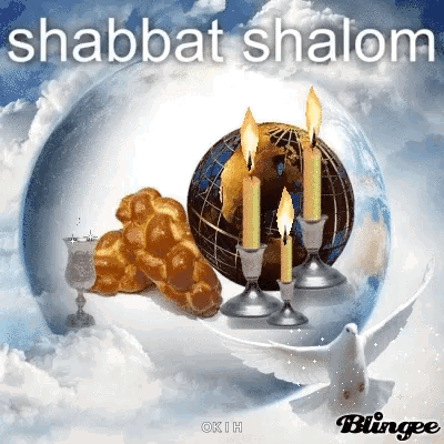 A Shabbat Shalom Greeting Card With A Globe , Candles , Bread And A Dove . GIF
