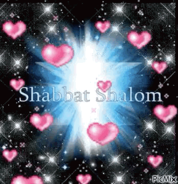 A Shabbat Shalom Greeting Card With Pink Hearts And Stars . GIF