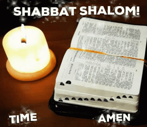 A Shabbat Shalom Sign With A Bible And A Lit Candle GIF