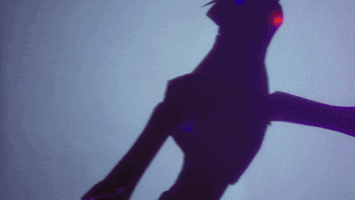 A Shadow Of A Person With A Red Eye Is Against A Blue Background GIF