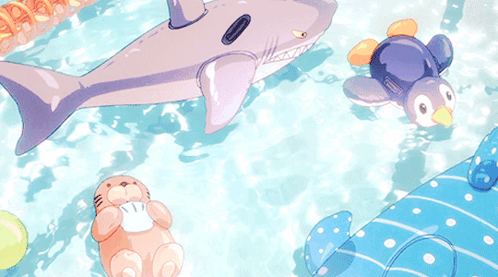 A Shark And A Penguin Float In A Swimming Pool GIF