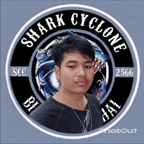 A Shark Cyclone Logo With A Picture Of A Man In The Center GIF
