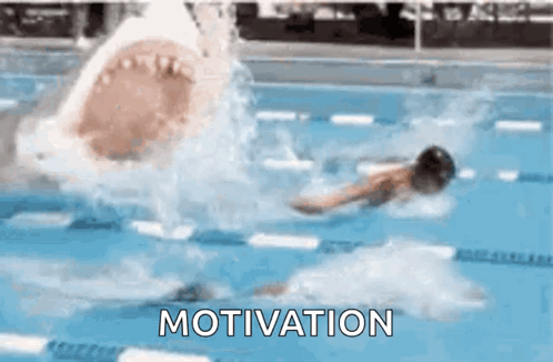 A Shark Is Attacking A Swimmer In A Swimming Pool With The Word Motivation In The Corner GIF