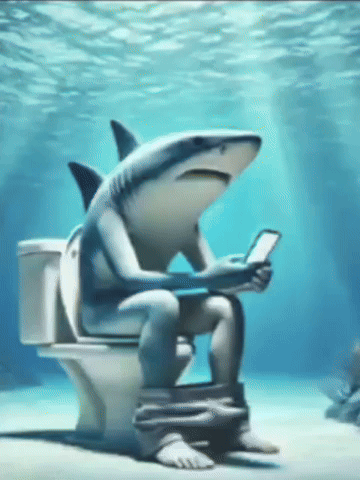 A Shark Is Sitting On A Toilet Underwater Looking At A Cell Phone GIF