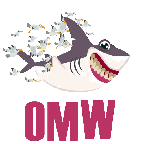 a shark is surrounded by seagulls and the word omw is above it