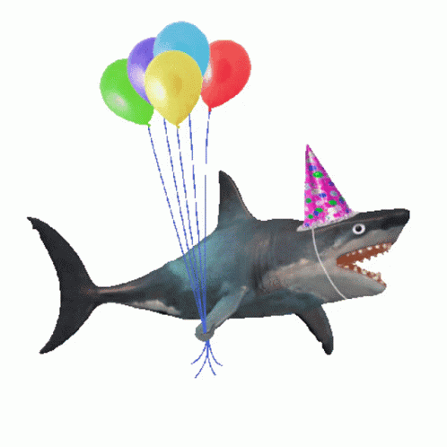 A Shark Wearing A Party Hat Holds Balloons GIF