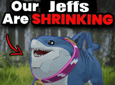 A Shark Wearing A Pink Collar With The Words Our Jeffs Are Shrinking Below It GIF