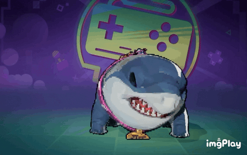 A Shark With A Gold Trophy Around Its Neck Is In Front Of A Game Controller GIF