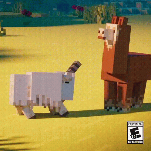 A Sheep And A Llama Standing Next To Each Other In A Video Game That Is Rated Everyone 10 GIF
