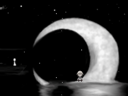 A Sheep Is Sitting In Front Of A Crescent Moon In A Black And White Photo GIF