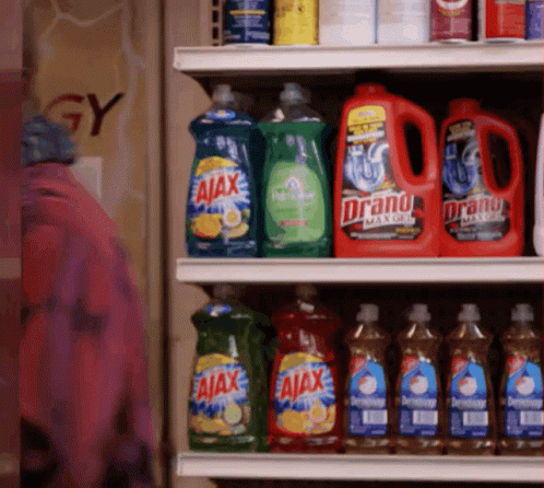 A Shelf Full Of Dish Soap Including Ajax Anddrano GIF