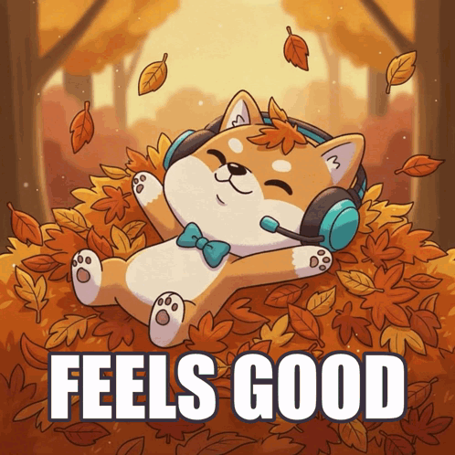 A Shiba Inu Wearing Headphones Is Laying In A Pile Of Leaves With The Words Feels Good Below Him GIF
