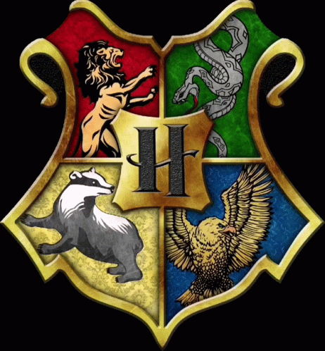 A Shield With A Lion A Badger A Snake And An Eagle With The Letter H In The Middle GIF