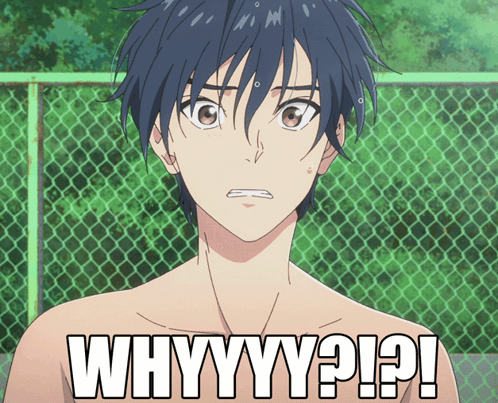A Shirtless Anime Character With The Words " Whyyyy ? ! ? " On His Chest GIF