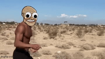 A Shirtless Cartoon Character With Big Eyes Is Running In The Desert GIF
