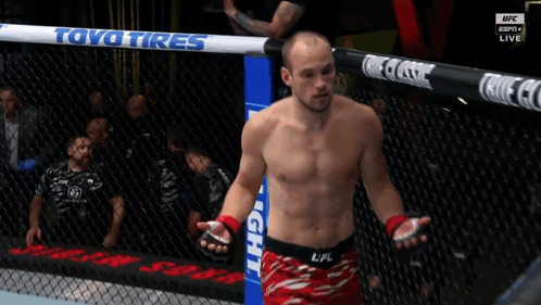 A Shirtless Fighter In A Cage With Toyo Tires Written On The Fence GIF