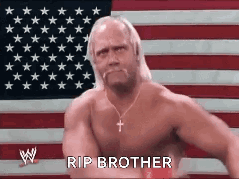 A Shirtless Hulk Hogan Is Standing In Front Of An American Flag And Says Rip Brother . GIF