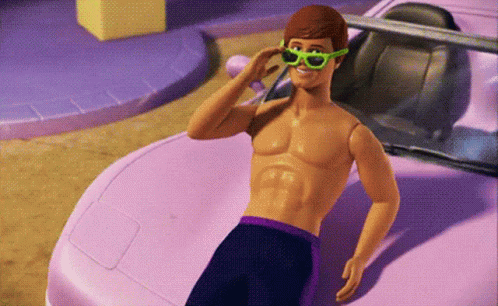 A Shirtless Ken Doll Wearing Green Sunglasses Is Standing In Front Of A Pink Car GIF