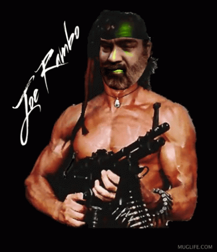 A Shirtless Man Holding A Gun With The Name Joe Rambo Written On The Bottom GIF