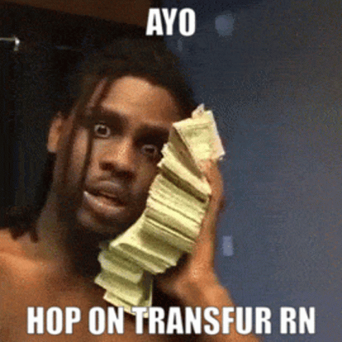 A Shirtless Man Holding A Stack Of Money With The Caption Ayo Hop On Transfur Rn GIF