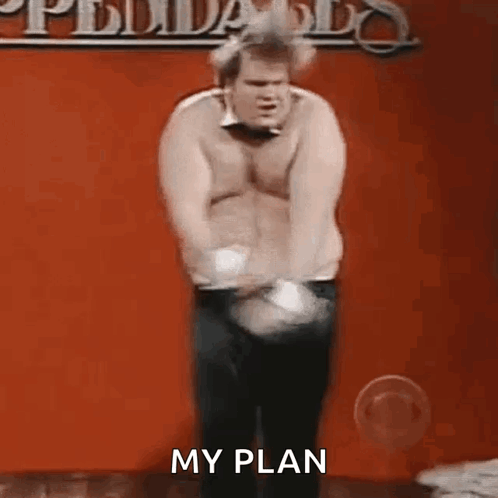 A Shirtless Man In A Bow Tie Is Dancing In Front Of A Red Wall And Says My Plan GIF