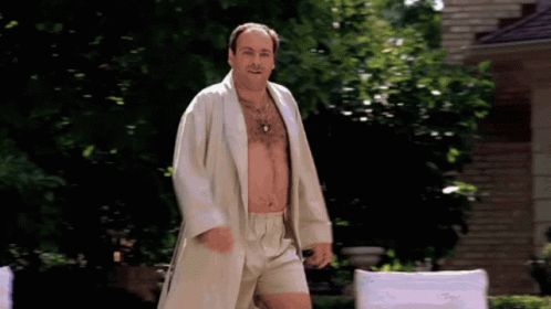 Shirtless Man In Robe And Underwear In Front Of White Chair GIF