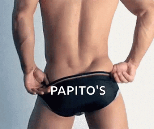 A Shirtless Man In Black Underwear With The Words Papito 'S On The Bottom Of His Underwear GIF