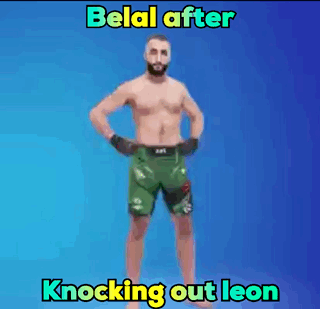 A Shirtless Man In Green Shorts Is Standing In Front Of A Blue Background With The Words Belal After Knocking Out Leon GIF