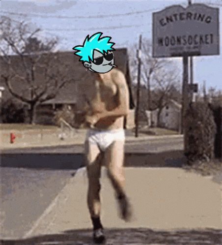 A Shirtless Man In White Underwear Is Running In Front Of A Sign That Says Entering Moonsocks GIF