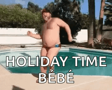 A Shirtless Man Is Dancing In A Pool With The Words `` Holiday Time Bebe '' Written On It . GIF