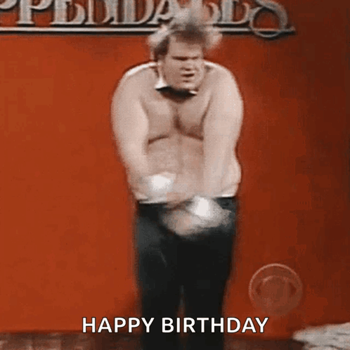 A Shirtless Man Is Dancing In Front Of A Red Wall With The Words Happy Birthday Written Below Him GIF