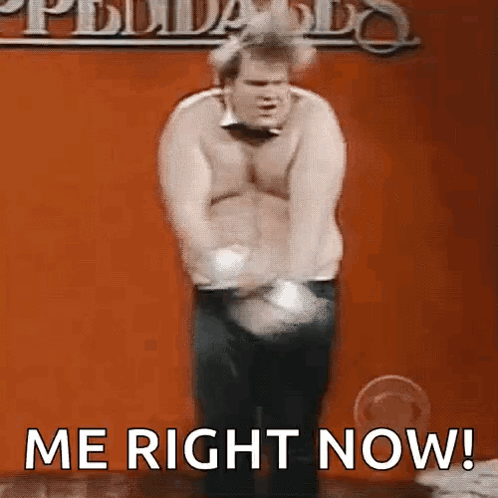 A Shirtless Man Is Dancing In Front Of A Red Wall With The Words `` Me Right Now '' Written Below Him . GIF