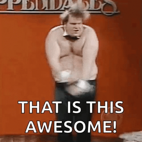 A Shirtless Man Is Dancing In Front Of A Red Wall With The Words That Is This Awesome . GIF