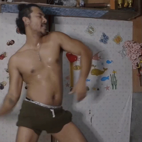 Shirtless Man Dancing With Fish And Butterfly Stickers GIF