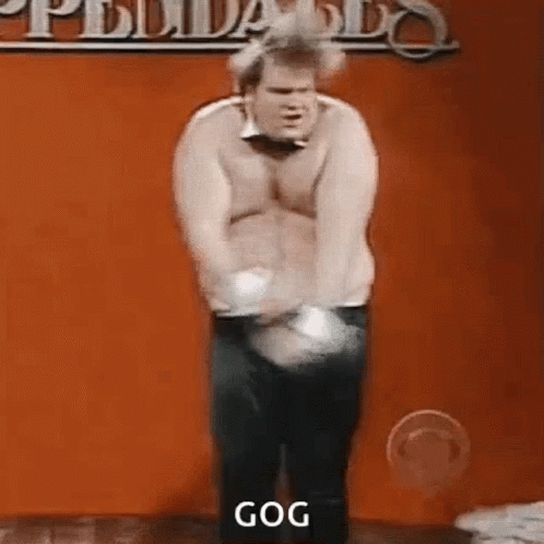 A Shirtless Man Is Dancing On A Stage With The Word Gog Written On The Bottom . GIF