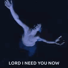 A Shirtless Man Is Floating In The Water With His Arms Outstretched And The Words `` Lord I Need You Now '' . GIF