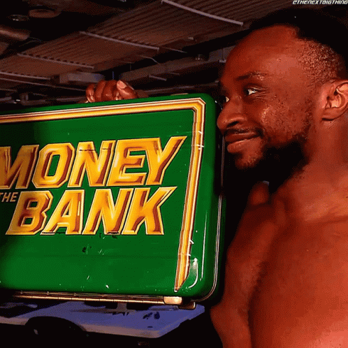 A Shirtless Man Is Holding A Green Money Bank Sign GIF