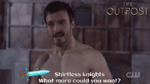 A Shirtless Man Is Holding A Sword In Front Of A Sign That Says " The Outpost " GIF