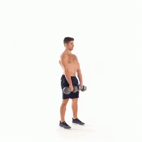 A Shirtless Man Is Holding Two Dumbbells In His Hands While Standing On A White Background . GIF